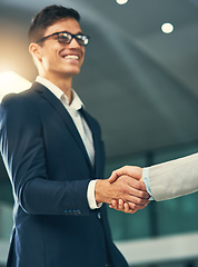 Image showing Handshake, agreement and business men in office for partnership, recruitment deal and thank you. Corporate, collaboration and happy male workers shaking hands for onboarding, support and teamwork