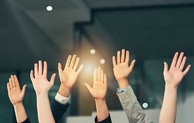 Image showing Palm, hands and group of business people with question for feedback in presentation, workshop and tradeshow. Corporate office, audience and workers raising hand for seminar, meeting and conference