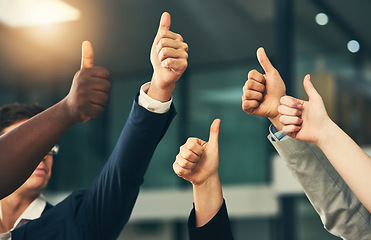 Image showing Teamwork, thumbs up and hands of business people in office for feedback, good news and agreement. Corporate, collaboration and men and employee workers with gesture for thank you, support or yes sign