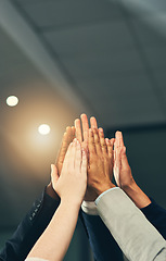 Image showing High five, teamwork and hands of business people in office for celebration, team building and motivation. Goals, collaboration and workers with hand together for agreement, support and success