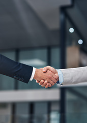 Image showing Handshake, recruitment and hands of business men in office for hiring, partnership deal and thank you. Corporate, collaboration and male workers shaking hands for onboarding, support and teamwork