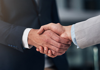 Image showing Handshake, hiring and hands of business men in office for partnership, recruitment deal and thank you. Corporate, collaboration and male workers shaking hands for onboarding, agreement and teamwork