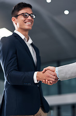 Image showing Collaboration, handshake and business men in office for partnership, recruitment deal and thank you. Corporate, agreement and happy male workers shaking hands for onboarding, support and teamwork