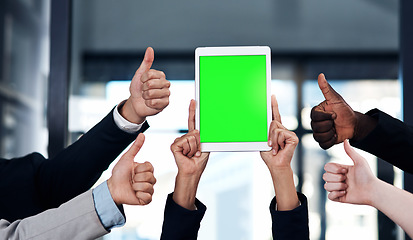 Image showing Green screen, thumbs up and business people on tablet for branding, contact us and online app. Mockup space, digital tech and hands with like or approval for social media, advertising and website