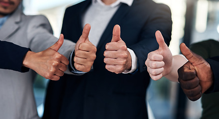 Image showing Approve, thumbs up and hands of business people in office for feedback, good news and agreement. Corporate diversity, teamwork and group of workers with like gesture for thank you, support and yes