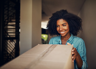 Image showing African woman, front door and package for delivery, e commerce and shipping service with happiness at house. Girl, box and smile for supply chain, customer experience and cargo for mail at apartment