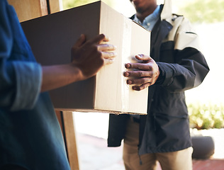 Image showing Woman, man and front door with package, delivery or ecommerce service for logistics, sale or cargo at house. Girl, box and hands for supply chain, customer experience or courier for mail at apartment