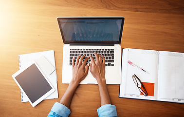 Image showing Woman hands, tech typing and laptop with work from home and business planning. Freelancer, female person and above of computer with paperwork, notebook and writing in a house doing web research