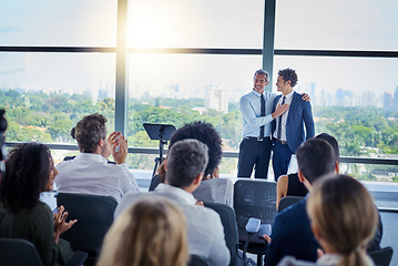 Image showing Professional, presentation and applause during a seminar at the workplace with people in the audience. Business, employees and congratulations during conference for awards in career at the office.