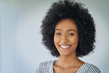 Image showing Smile, portrait of happy black woman and in a white background from brazil. Confident or elegant, fashion designer and isolated smiling or excited Brazilian female person in a studio backdrop