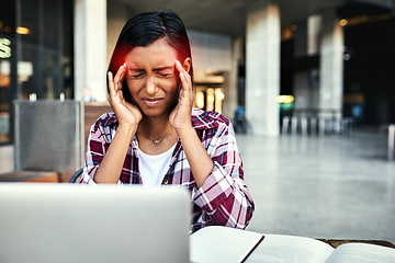 Image showing Woman, student and laptop with headache in stress, anxiety or burnout from overworked or studying at campus. Stressed female person or university learner suffering bad head pain, strain or ache