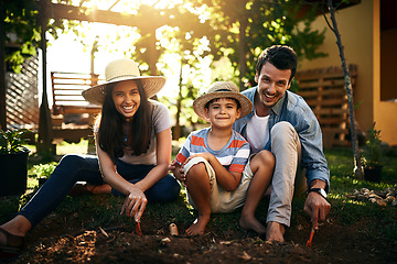 Image showing Happy family, portrait or plant in garden for sustainability, agriculture or farming development in backyard Learning natural soil or parents of boy child in nature or planting for teaching a child