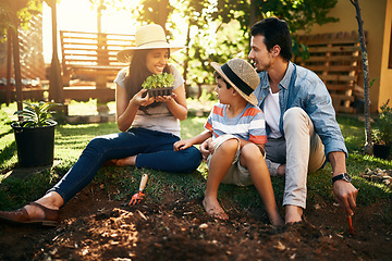 Image showing Family, plants or learning in garden for sustainability, agriculture care or farming development in backyard. Growth, education or parents of boy child with sand in nature planting or teaching a kid