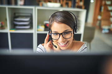 Image showing Call center, customer service and face of happy woman on computer for consulting, help and advice. Telemarketing, communication and female consultant for contact, crm support and network in office