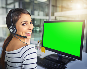 Image showing Call center, green screen and portrait of woman on computer for consulting, customer service and help. Telemarketing, communication mockup and female consultant for contact, crm support and network