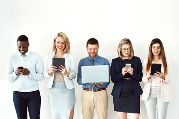 Image showing Group, wall or business people with technology connection for hiring, vacancy recruitment or job interview. Digital, women or happy men on white background waiting room for startup company onboarding