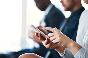 Image showing Hand, phone and business woman in a meeting or conference while typing for notes or communication. Female entrepreneur in seminar or workshop audience with a smartphone for research or to check email