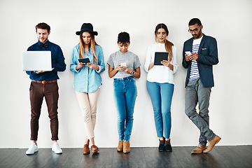 Image showing People, diversity and tech connection on social media, online youth or digital communication on technology. Group, gen z connectivity and talking on phone, laptop or tablet on white background