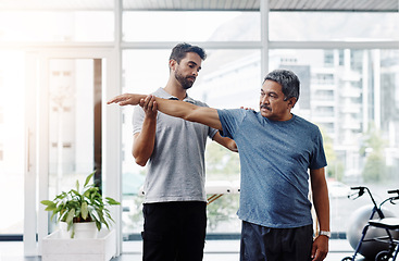 Image showing Physiotherapy, stretching and help with old man and doctor for training, rehabilitation and injury. Medical, healing and healthcare with expert and patient for consulting, muscle and fitness