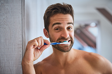 Image showing Portrait, toothbrush and man brushing teeth in bathroom for dental wellness, healthy habit or gum care at home. Face, guy and cleaning mouth for fresh breath, oral hygiene or morning grooming routine