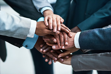 Image showing Teamwork, business people and hands stacked for support, target or team building, collaboration goals and group. Circle, diversity and business women and men, together sign, success or staff mission