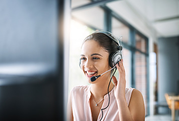 Image showing Customer service, receptionist and female telemarketing consultant working on an online consultation in office. Contact us, communication and woman call center agent with a crm strategy in workplace.