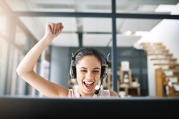 Image showing Happy woman, call center and celebration for success, promotion or winning in customer service or telemarketing at the office. Excited female person or consultant agent winner in contact us or sale