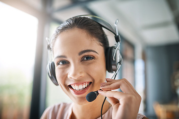 Image showing Telemarketing, portrait and woman consultant in office on an online consultation with headset. Receptionist, contact us and female call center or customer support agent with crm strategy in workplace