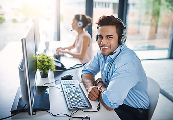 Image showing Happy businessman, call center and smile in customer service, support or telemarketing at the office. Portrait of friendly man person, face or consultant agent smiling for online advice in contact us