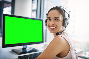 Image showing Happy woman, call center and green screen on computer in customer service or telemarketing at office. Portrait of female person, consultant or agent smiling on PC with chromakey or mockup display