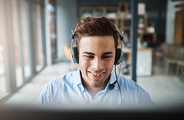 Image showing Happy businessman, call center and consulting with smile for customer service, support or telemarketing at the office. Friendly man person or consultant agent smiling for online advice in contact us