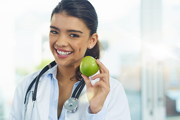 Image showing Doctor, portrait and smile of woman with apple for healthy diet, nutrition or wellness mockup. Face, nutritionist and medical person with fruit for advice, healthcare and food for health benefits.