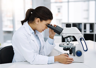 Image showing Scientist, research and woman with microscope in laboratory for medical study. Professional, science and female doctor with scope equipment for sample analysis, particle test and lab experiment.