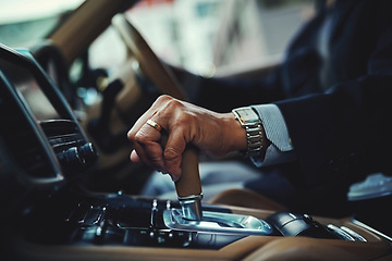 Image showing Driving, car and gear with hand of man for manual, transportation and engine. Luxury, test drive and safety with closeup of male driver in vehicle for commute, travel and automobile transmission