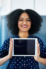 Image showing Happy woman, tablet and mockup screen with space for website, internet and network promotion. Technology, blank display and digital advertising for logo, brand or app ux with portrait a female model