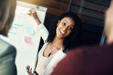 Image showing Presentation whiteboard, audience or happy woman speech, proposal negotiation or marketing strategy deal. Sales pitch, communication or team leader, speaker or biracial person speaking to clients