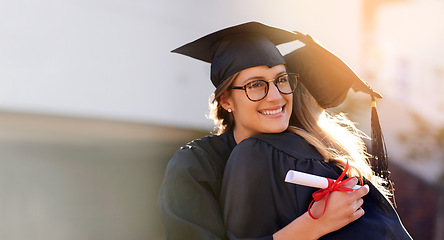 Image showing Friends, students and hug at graduation with college or university women together. Happy people outdoor to celebrate education achievement, success and future goals at school event with mockup space