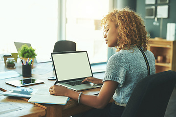 Image showing Writing, planning and laptop screen with business woman in office for research, creative and communication. Internet, schedule and email with female employee for professional, connection and startup