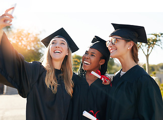 Image showing Friends, students and graduation selfie with college or university women together with a smile. People outdoor to celebrate education achievement, success and future at event for school graduates