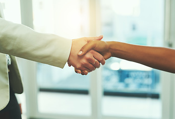 Image showing Handshake, success and hands of business people in office for onboarding, collaboration or agreement. Corporate, teamwork and and women shaking hand for thank you, welcome and hiring for recruitment