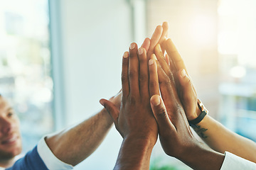 Image showing High five, hands and success with business people in office for motivation, winner and agreement. Support, goals and target with closeup of employees for teamwork, collaboration and solidarity