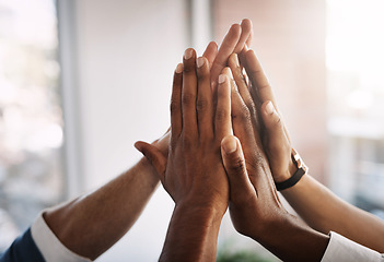 Image showing High five, hands and motivation with business people in office for success, winner and agreement. Support, goals and target with closeup of employees for teamwork, collaboration and solidarity