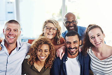 Image showing Happy people, business portrait and hug in a office with a smile from copywriter teamwork and collaboration. Diversity, happiness and writer staff together proud from motivation, trust and success