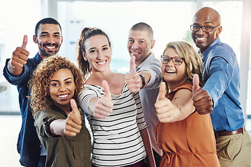 Image showing Yes, thumbs up portrait and business people with diversity, winner and thank you like sign of staff. Office, happiness and success of worker group with support, teamwork and motivation for company