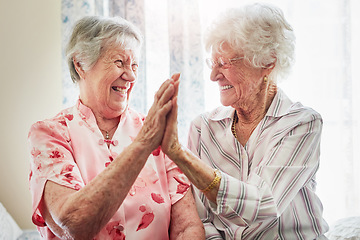 Image showing Happy, friends and senior women with a high five for care, retirement support and happiness. Smile, team and elderly people with excited for solidarity or achievement success in nursing home together