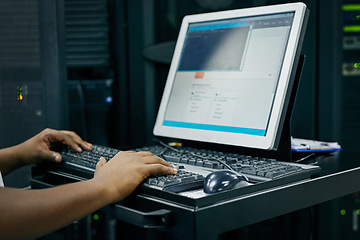 Image showing Hands, technician or coding on computer in server room for big data, tech glitch or digital website at night. Support, laptop or person typing testing UX screen, programming or software development