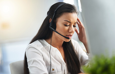 Image showing Call center, depression or woman with headache, stress or burnout is overworked by telemarketing deadline. Depressed, sad face or tired sales agent frustrated with migraine pain in customer services