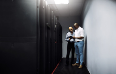 Image showing Server room, men or blurry technicians on technology together for cybersecurity glitch with teamwork. Coding IT support code, collaboration or African engineers fixing network for information tablet