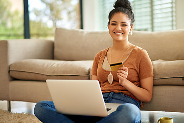 Image showing Woman, laptop and credit card with online shopping and payment on store website with fintech and smile in portrait. Female person at home, happy with internet banking and finance with e commerce