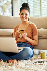 Image showing Woman relax with laptop, credit card and online shopping with payment on store website, fintech and smile in portrait. Female person at home, happy with internet banking and finance with e commerce